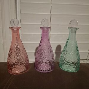 Trio of Pebbled Glass Decorative Bottles w/ Crystal Stoppers